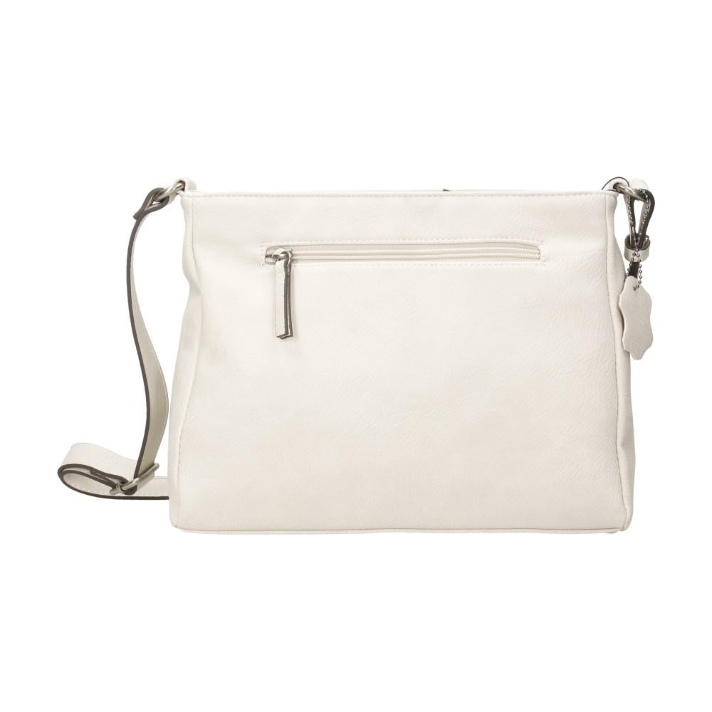 Parte trasera del bolso Matties Clasic beige con bolsillo de cremallera y bandolera regulable para llevar cómodamente al hombro o cruzado.