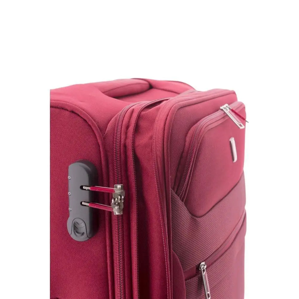 Primer plano del lateral de la maleta mostrando el cierre de seguridad con combinación numérica donde se encajan los tiradores de la cremallera.