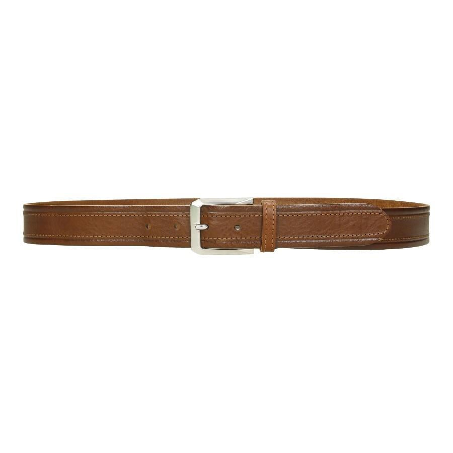 Vista completa del cinturón de piel color cuero fabricado en Alicante con diseño clásico y tira completa de piel.