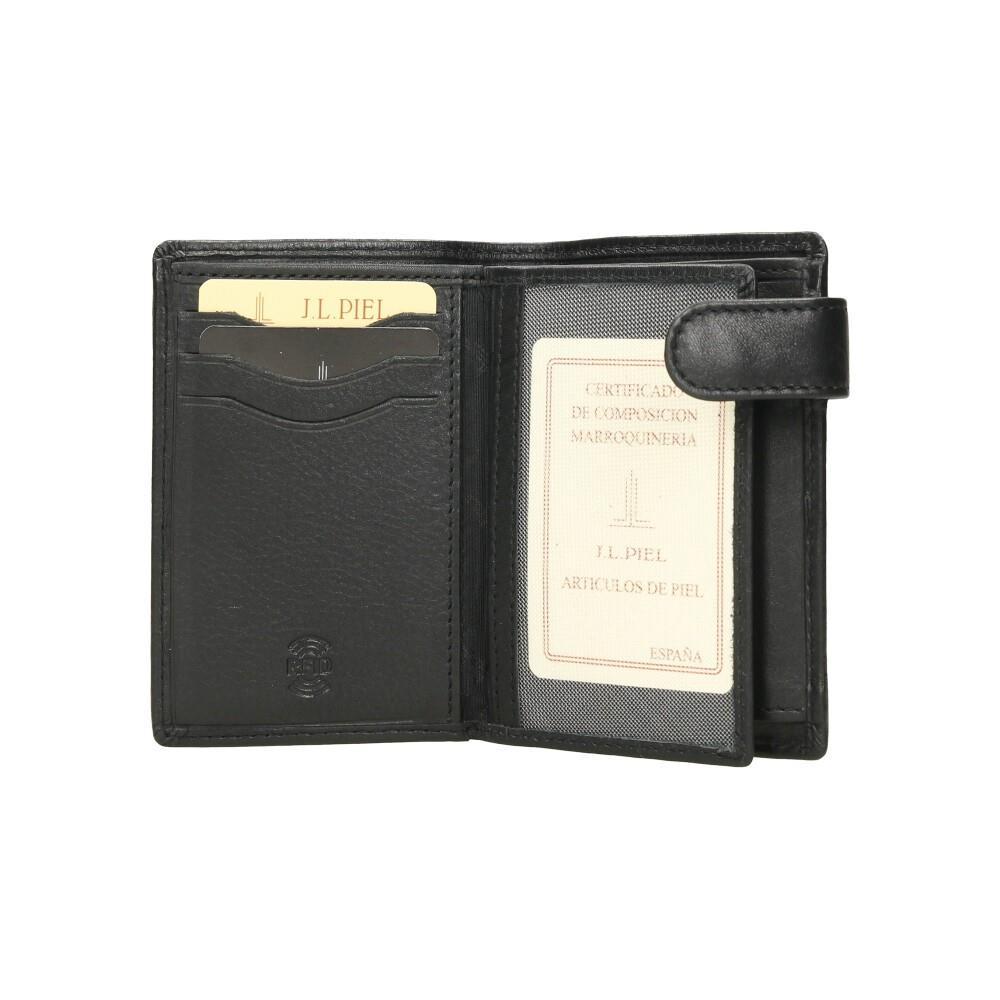Detalle del interior de la cartera J.L Piel con capacidad para 7 tarjetas, compartimentos para documentación, doble billetera y protección RFID para un uso diario seguro.