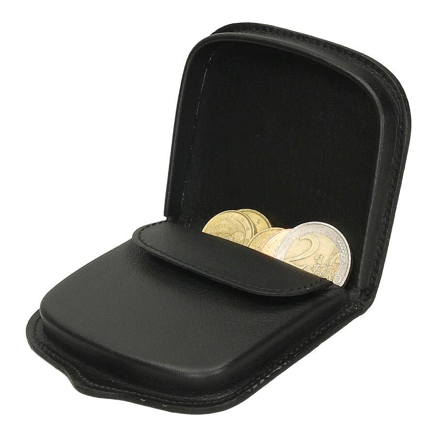 Detalle del monedero de tacón J.L Piel negro abierto, con práctico espacio para guardar monedas y fabricación artesanal en piel de Ubrique.