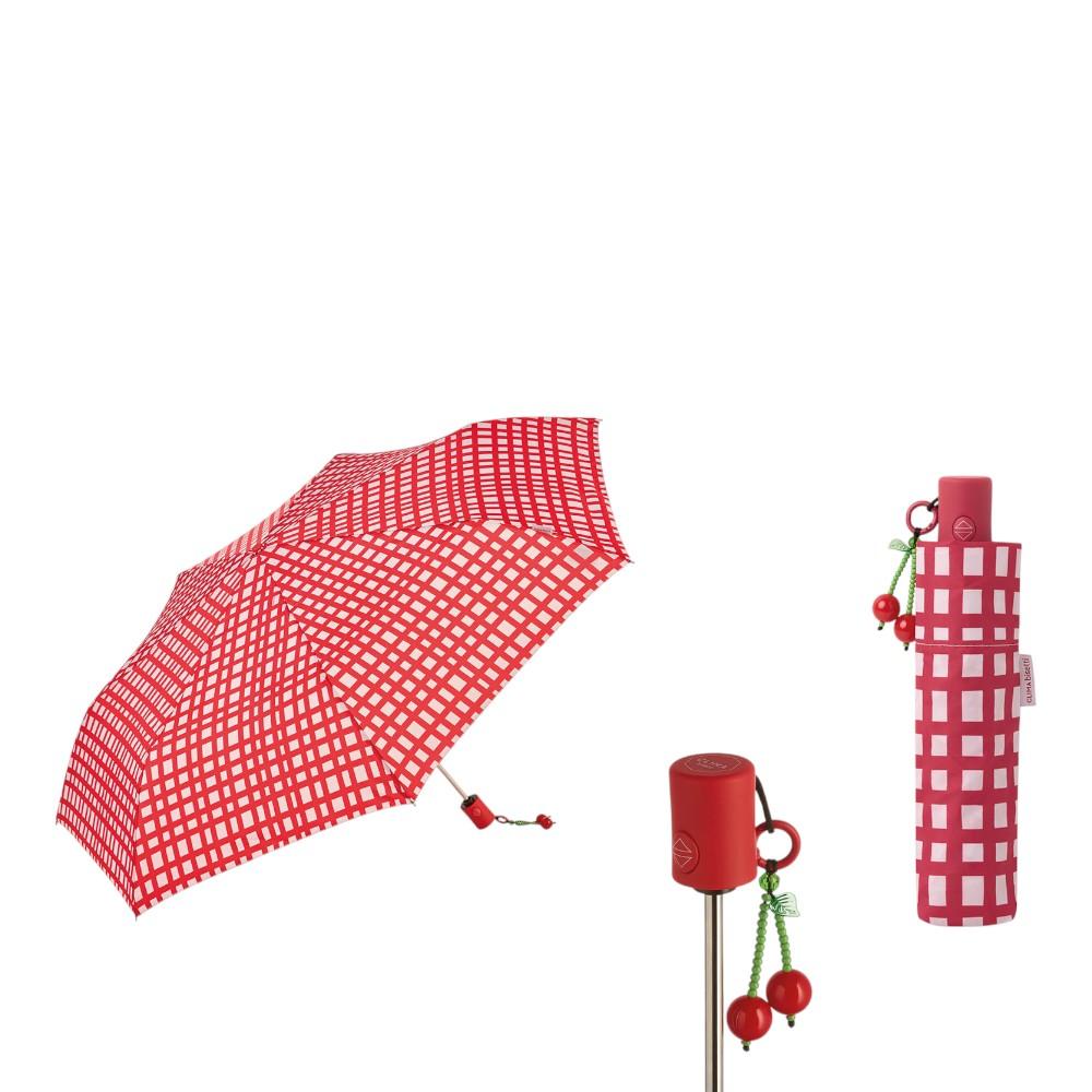Paraguas Bisetti Gridix rojo en posición abierta y cerrada, compacto, Windproof y fabricado con tejido reciclado.