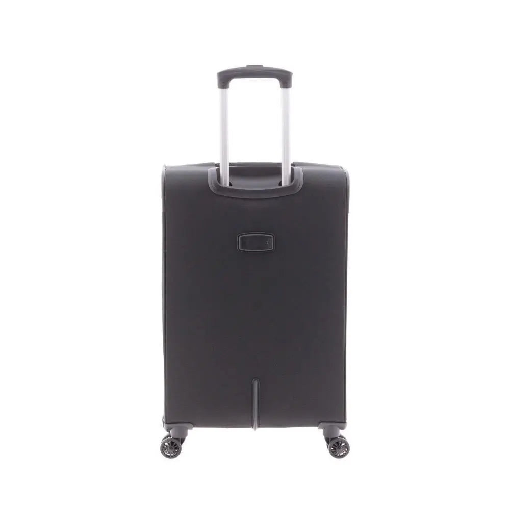 Parte posterior de la maleta, mostrando una superficie lisa con refuerzos en la base y la impecable integración del carro telescópico de aluminio.