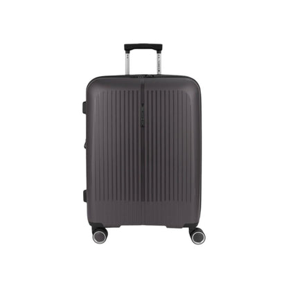 Vista frontal de la maleta mediana Gabol Brooklyn en color gris oscuro, fabricada en polipropileno de alta resistencia con cuatro ruedas dobles multidirección, ideal para viajes de 5 a 7 días.
