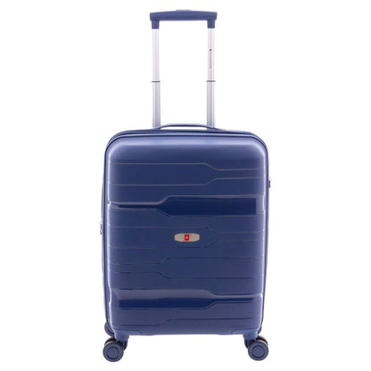 Vista frontal de la maleta de cabina Boxing de Gladiator en color azul marino fabricada en polipropileno resistente.