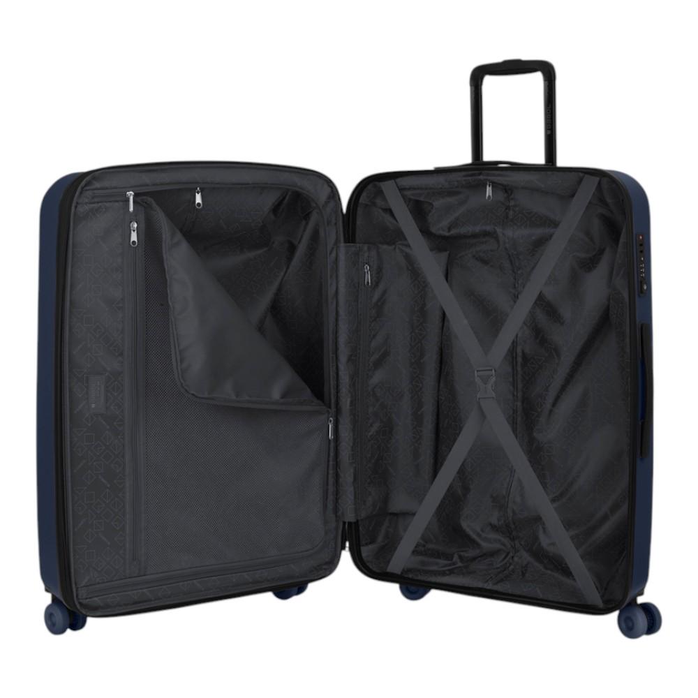 Descripción: Interior de la maleta grande Gabol Pacific con separador, bolsillo con cremallera y forro fabricado con material reciclado para mantener el equipaje perfectamente organizado.