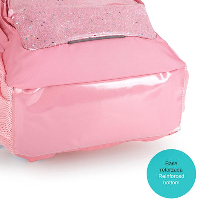 Mochila Escolar Gabol Glam Rosa con Glitter 3 Compartimentos