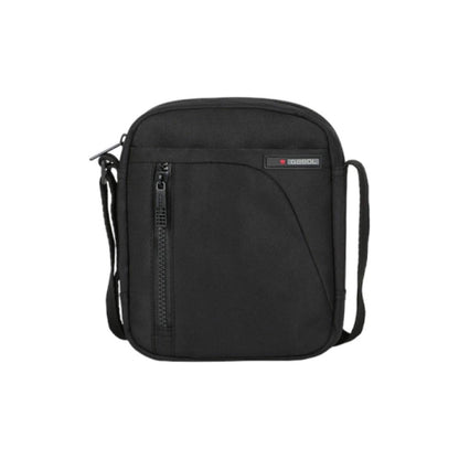 Vista frontal de la bandolera para hombre Gabol Crony Eco en color negro, fabricada con material reciclado rPET, repelente al agua y con varios bolsillos organizadores.