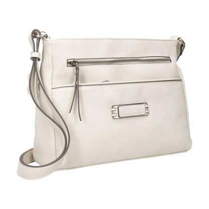 Vista en perspectiva del bolso Matties Clasic beige con bandolera ajustable y diferentes compartimentos para organizar los objetos personales.