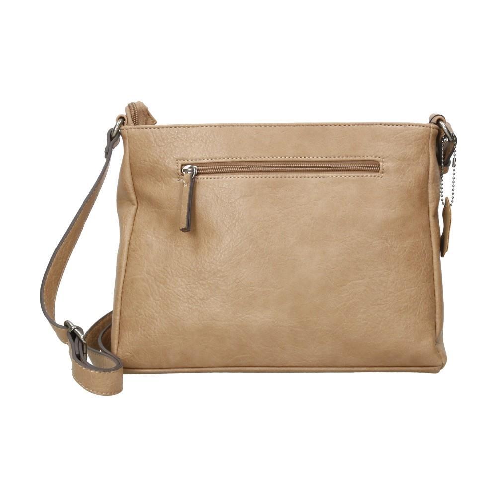 
Parte trasera del bolso Matties Clasic camel con bolsillo de cremallera y bandolera regulable para llevar cómodamente al hombro o cruzado.