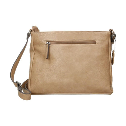 
Parte trasera del bolso Matties Clasic camel con bolsillo de cremallera y bandolera regulable para llevar cómodamente al hombro o cruzado.
