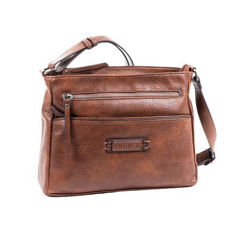 Vista frontal del bolso Matties Clasic marrón con asa superior, bandolera regulable y múltiples bolsillos con cremallera para el uso diario.
