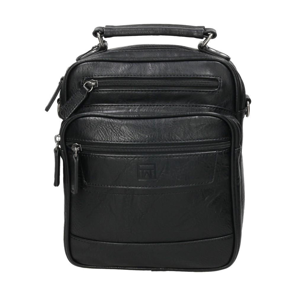 Vista frontal del bolso bandolera Matties Nappa negro con asa de mano, múltiples bolsillos con cremallera y diseño clásico para el uso diario.