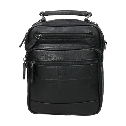 Vista frontal del bolso bandolera Matties Nappa negro con asa de mano, múltiples bolsillos con cremallera y diseño clásico para el uso diario.