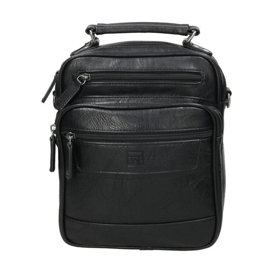 Vista frontal del bolso bandolera Matties Nappa negro con asa de mano, múltiples bolsillos con cremallera y diseño clásico para el uso diario.