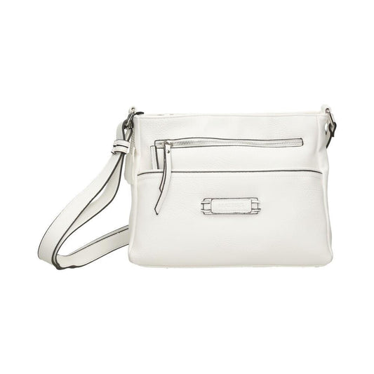Vista frontal del bolso bandolera Matties blanco con bolsillos de cremallera, diseño elegante y tamaño perfecto para el uso diario.