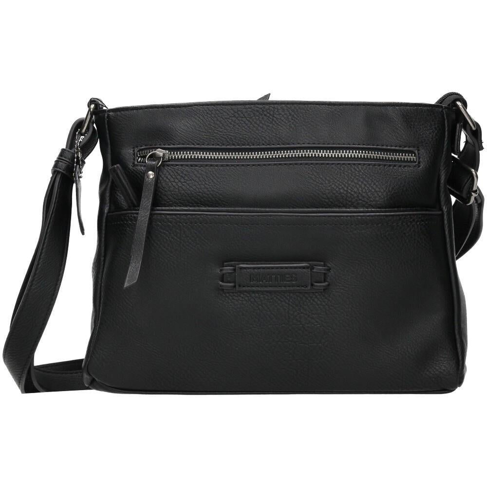Vista frontal del bolso bandolera Matties negro con múltiples bolsillos de cremallera, diseño moderno y tamaño ideal para el uso diario.