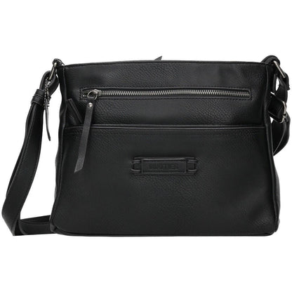 Vista frontal del bolso bandolera Matties negro con múltiples bolsillos de cremallera, diseño moderno y tamaño ideal para el uso diario.