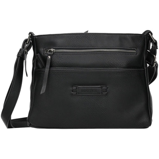Vista frontal del bolso bandolera Matties negro con múltiples bolsillos de cremallera, diseño moderno y tamaño ideal para el uso diario.