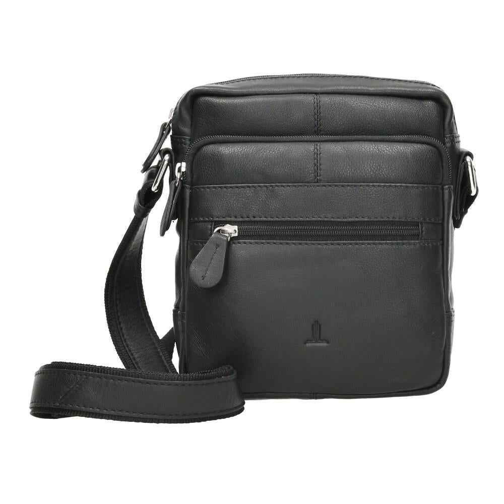 Vista frontal del bolso bandolera de hombre J.L Piel fabricado íntegramente en piel auténtica negra, con varios compartimentos de cremallera y diseño clásico para uso diario.