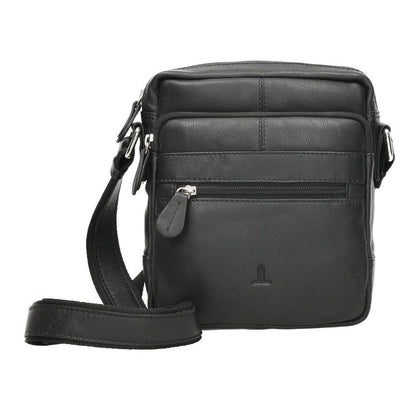 Vista frontal del bolso bandolera de hombre J.L Piel fabricado íntegramente en piel auténtica negra, con varios compartimentos de cremallera y diseño clásico para uso diario.