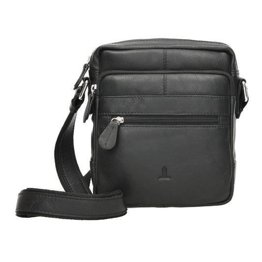 Vista frontal del bolso bandolera de hombre J.L Piel fabricado íntegramente en piel auténtica negra, con varios compartimentos de cremallera y diseño clásico para uso diario.