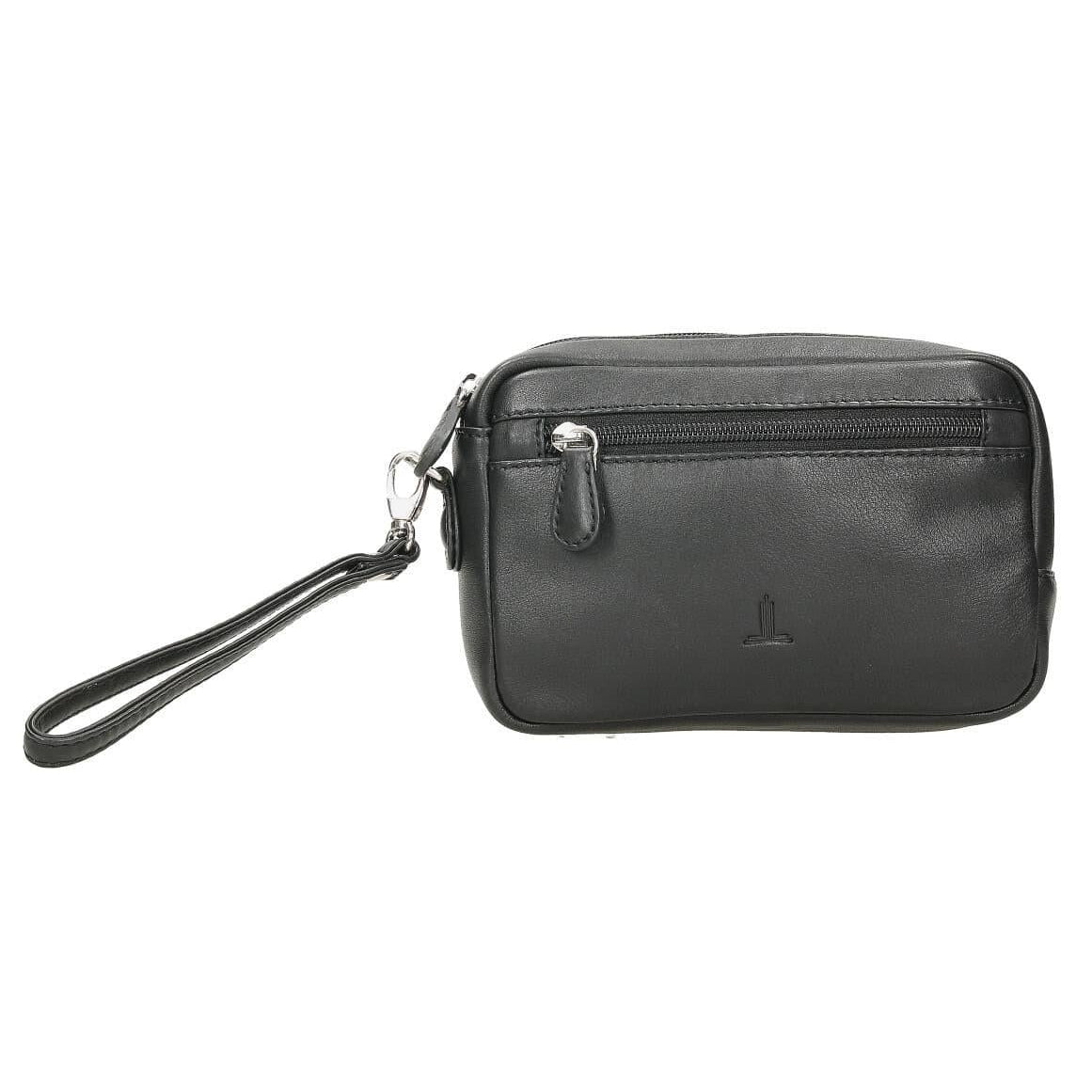 Vista frontal del bolso de mano para hombre J.L Piel Clasic en color negro con bolsillo delantero de cremallera y doble asa de mano.