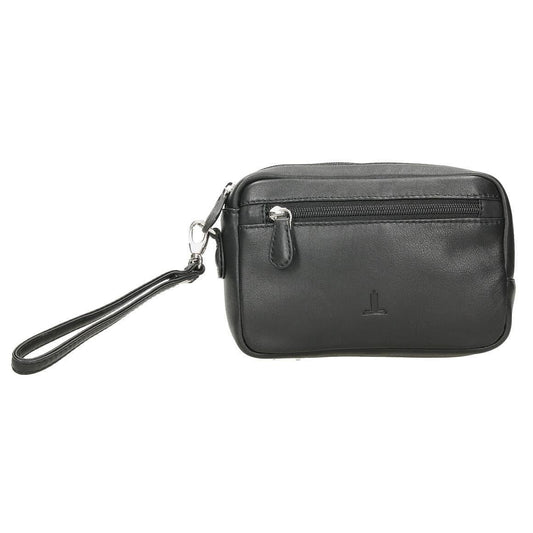 Vista frontal del bolso de mano para hombre J.L Piel Clasic en color negro con bolsillo delantero de cremallera y doble asa de mano.