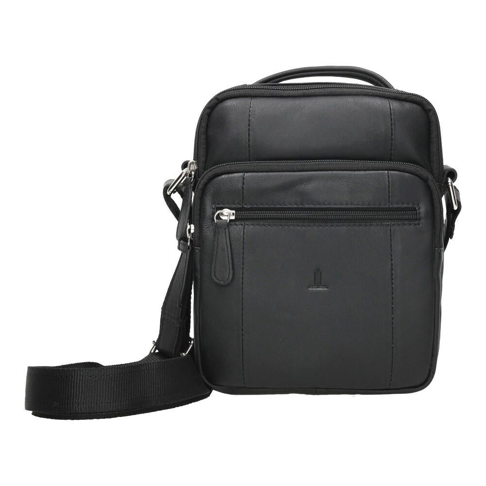 Vista frontal del bolso de piel para hombre J.L Piel Clasic en color negro con asa superior, bandolera y múltiples bolsillos con cremallera.