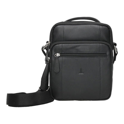 Vista frontal del bolso de piel para hombre J.L Piel Clasic en color negro con asa superior, bandolera y múltiples bolsillos con cremallera.