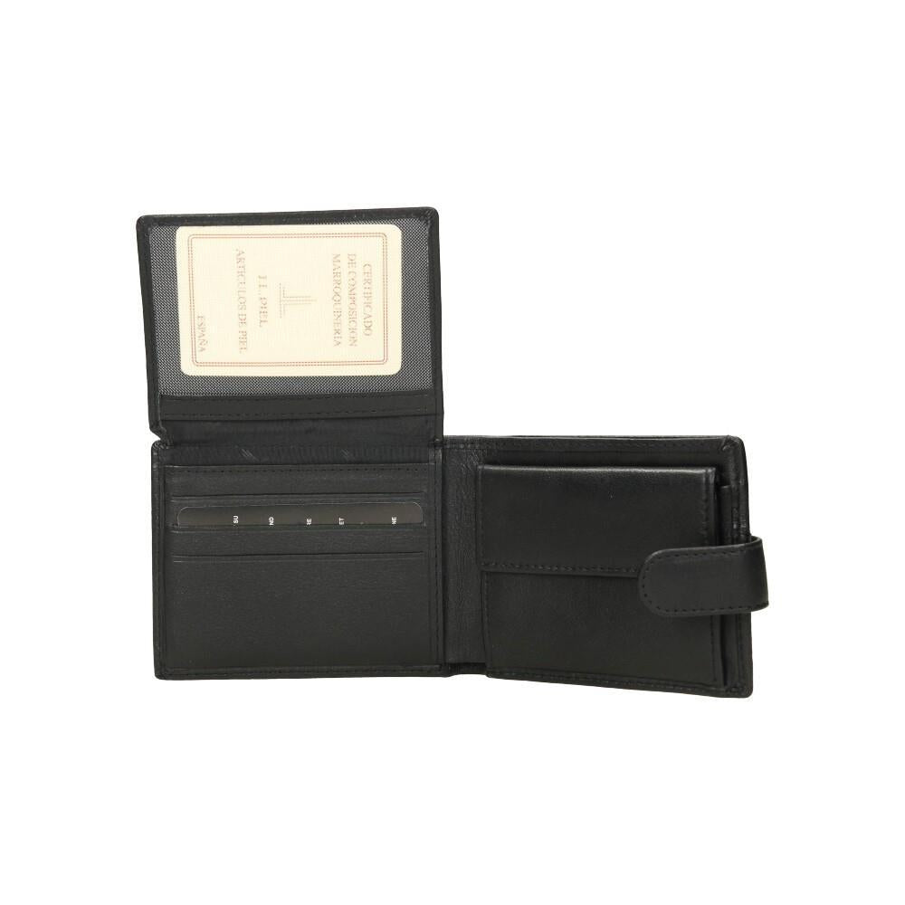 Vista interior completa de cartera americana J.L Piel con porta DNI extraíble, espacio para tarjetas y sistema RFID.