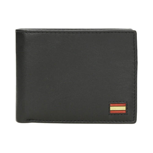 Vista frontal de la cartera americana J.L Piel en piel negra con detalle de la bandera de España, diseño liso, compacto y elegante con protección RFID.