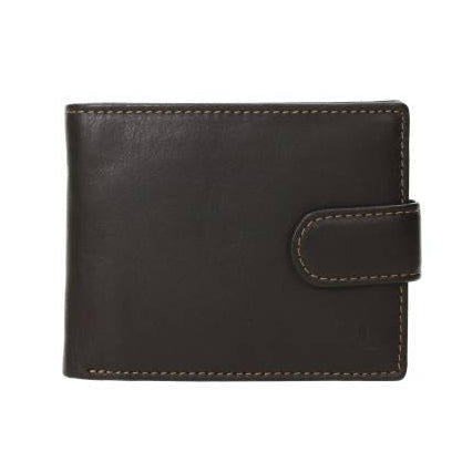 Vista frontal de la cartera americana grande J.L Piel Classic en piel auténtica marrón con cierre de correílla y elegante pespunte en contraste para un estilo clásico.