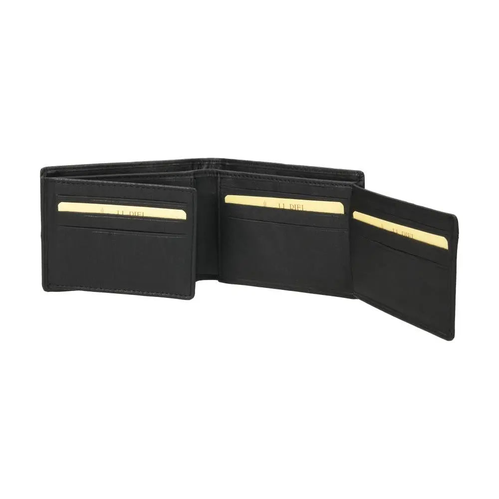 Cartera americana de piel J.L Piel completamente abierta mostrando su distribución interior para 14 tarjetas y documentación.