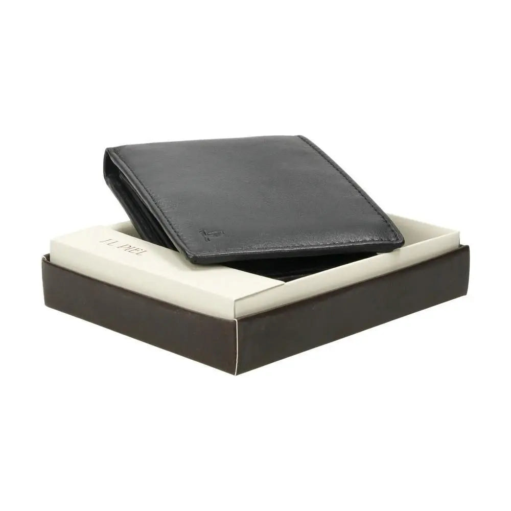 Presentación de la cartera de piel para hombre J.L Piel Clasic en su caja, ideal para regalo o uso personal.