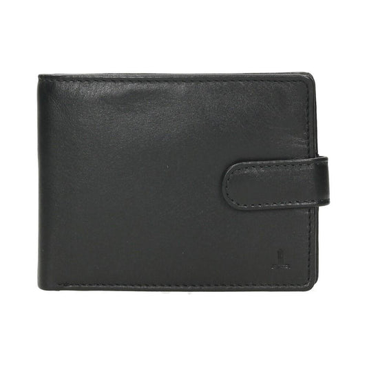 Vista frontal de la cartera grande J.L Piel Classic en piel auténtica negra con cierre de correílla, diseñada para documentos de mayor tamaño y protegida con tecnología RFID.
