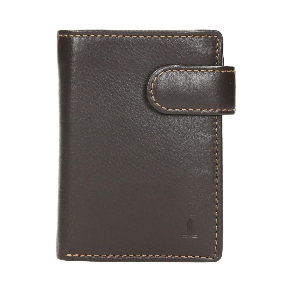 Vista frontal de cartera vertical para hombre J.L Piel en color marrón fabricada en piel auténtica con cierre de correílla y diseño compacto.