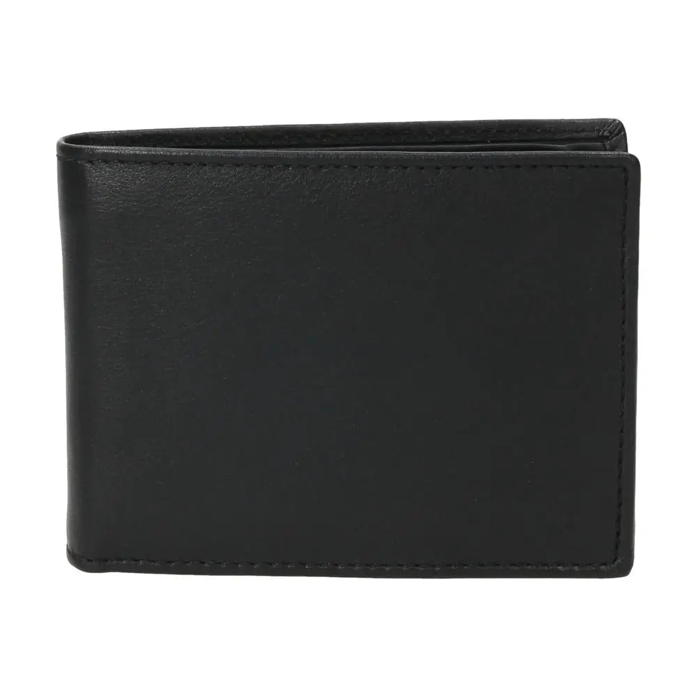 Vista frontal de cartera americana para hombre J.L Piel fabricada en piel negra con gran capacidad y protección RFID.