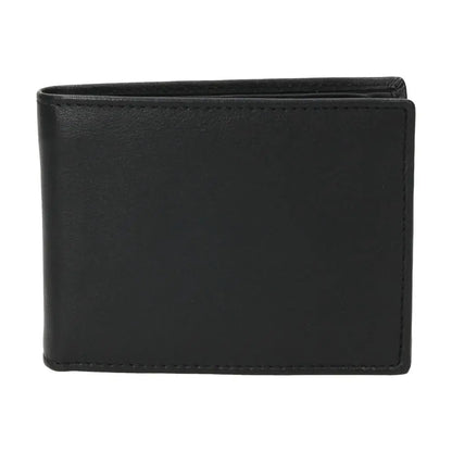 Vista frontal de cartera americana para hombre J.L Piel fabricada en piel negra con gran capacidad y protección RFID.