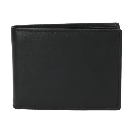 Vista frontal de cartera americana para hombre J.L Piel fabricada en piel negra con gran capacidad y protección RFID.