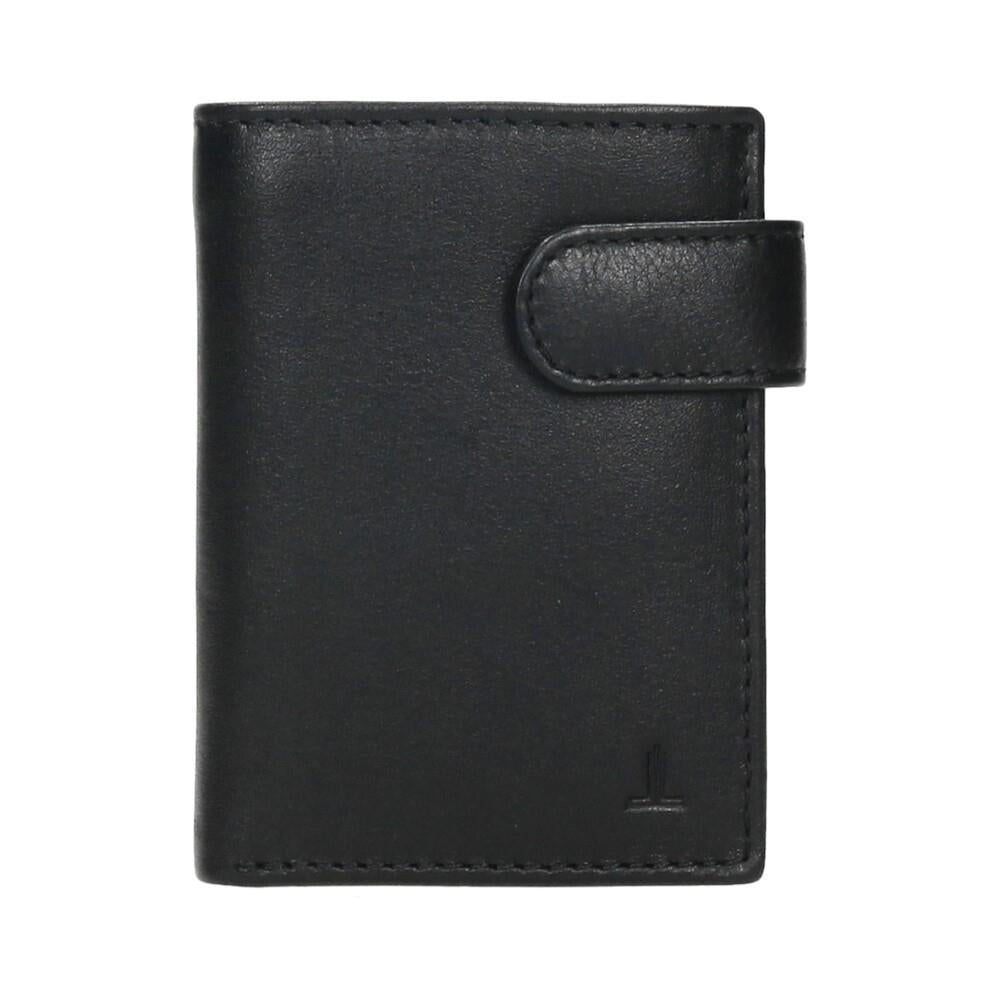 Vista frontal de cartera vertical para hombre J.L Piel en color negro fabricada en piel auténtica con cierre de correílla.