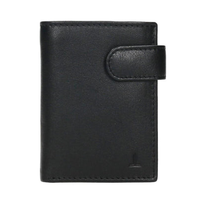 Vista frontal de cartera vertical para hombre J.L Piel en color negro fabricada en piel auténtica con cierre de correílla.
