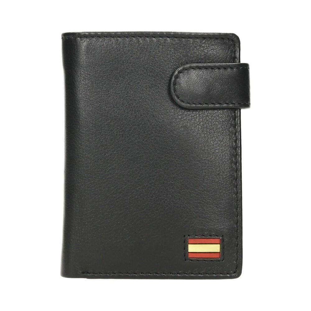 Vista frontal de la cartera vertical J.L Piel en piel negra con cierre de broche y detalle metálico de la bandera de España, fabricada en piel auténtica con protección RFID.