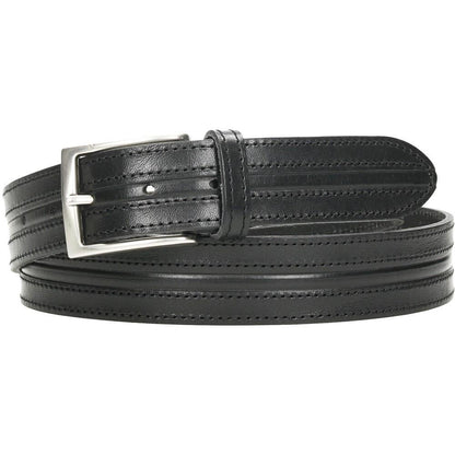 Vista frontal de cinturón de piel para hombre en color negro con dobles costuras decorativas y hebilla Nickel Free.