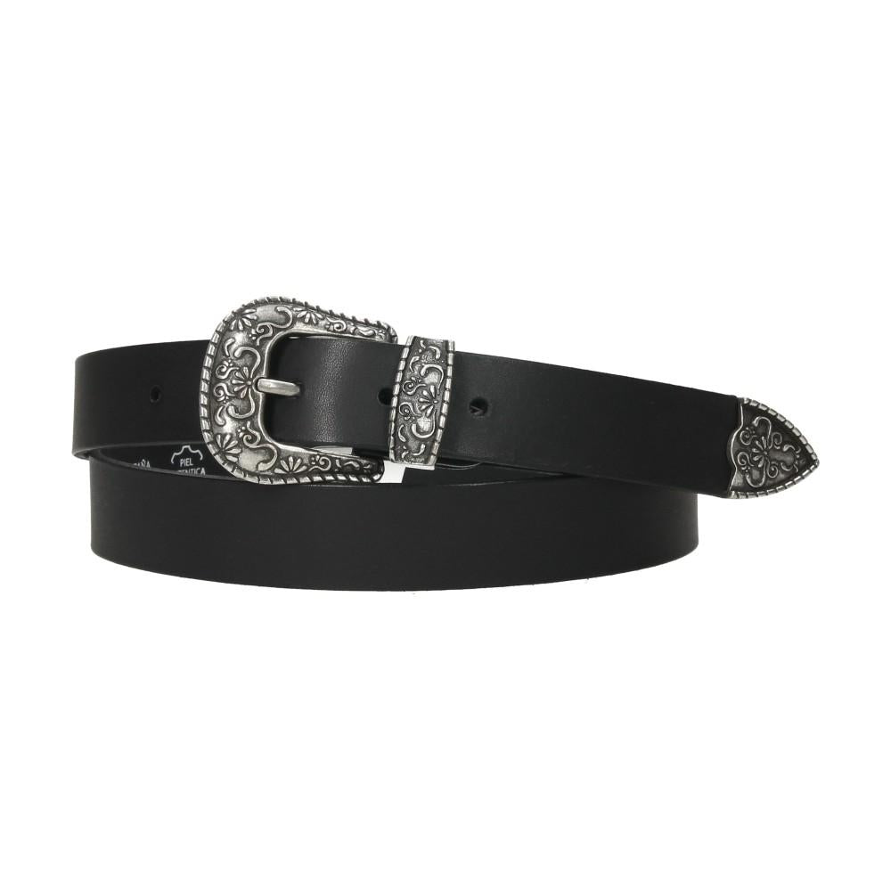 Vista principal del cinturón de piel para mujer GS Urban Postiguet en color negro con hebilla metálica grabada de inspiración mexicana y punta decorativa.
