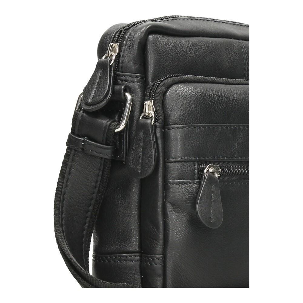 Detalle del frontal del bolso bandolera J.L Piel mostrando los bolsillos con cremallera, los acabados en piel auténtica y la excelente calidad de fabricación.