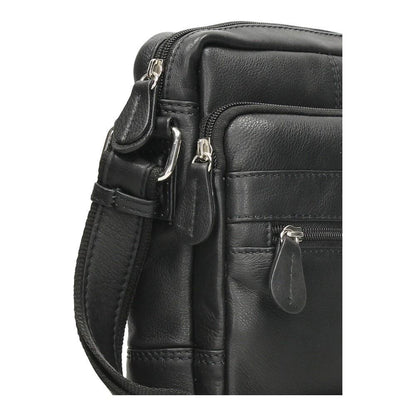 Detalle del frontal del bolso bandolera J.L Piel mostrando los bolsillos con cremallera, los acabados en piel auténtica y la excelente calidad de fabricación.