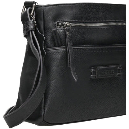 Detalle del frontal del bolso Matties mostrando los compartimentos exteriores con cremallera y el elegante acabado en polipiel de alta calidad.