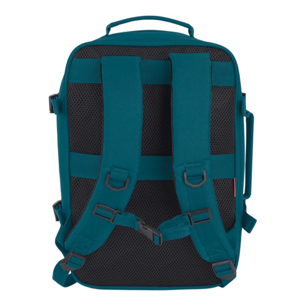 Vista posterior de la mochila Gabol Week turquesa con espalda acolchada, tirantes regulables y cinta de pecho para viajar cómodamente.
