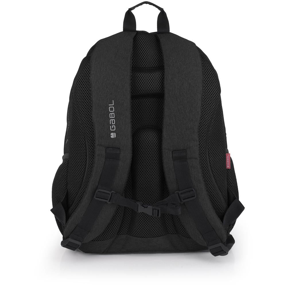 Vista trasera de la mochila Gabol Wolf con espalda ergonómica de rejilla, tirantes acolchados y acople de pecho para llevar el peso con comodidad.